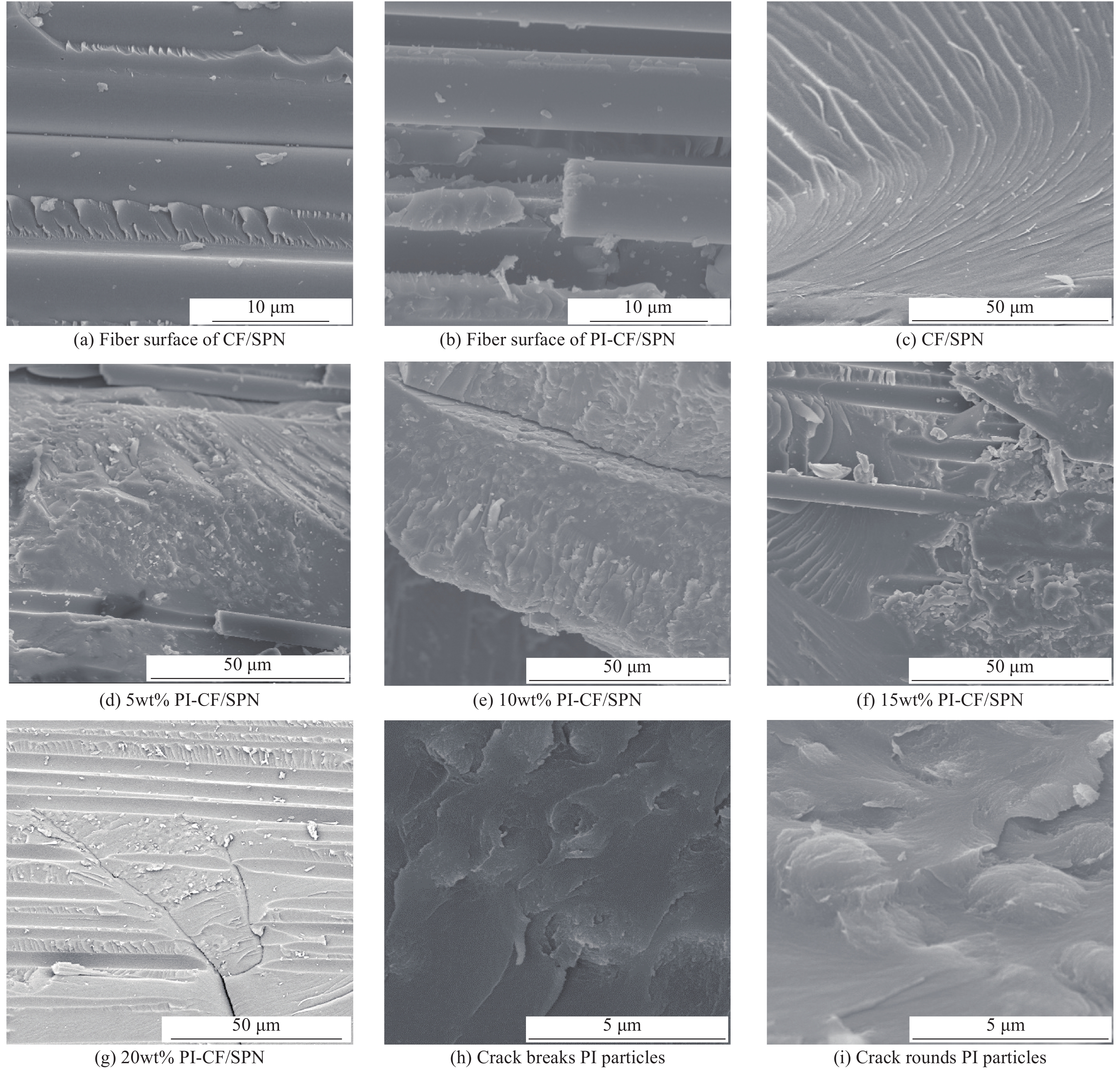 cf/spn和pi-cf/spn复合材料断面形貌的sem图像